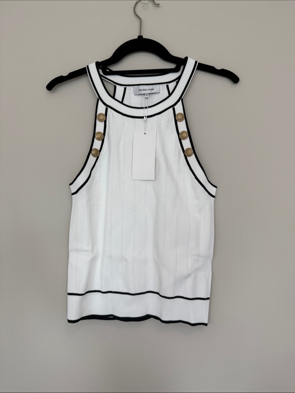 Noli White Knit Tank with Black Trim and Gold Buttons